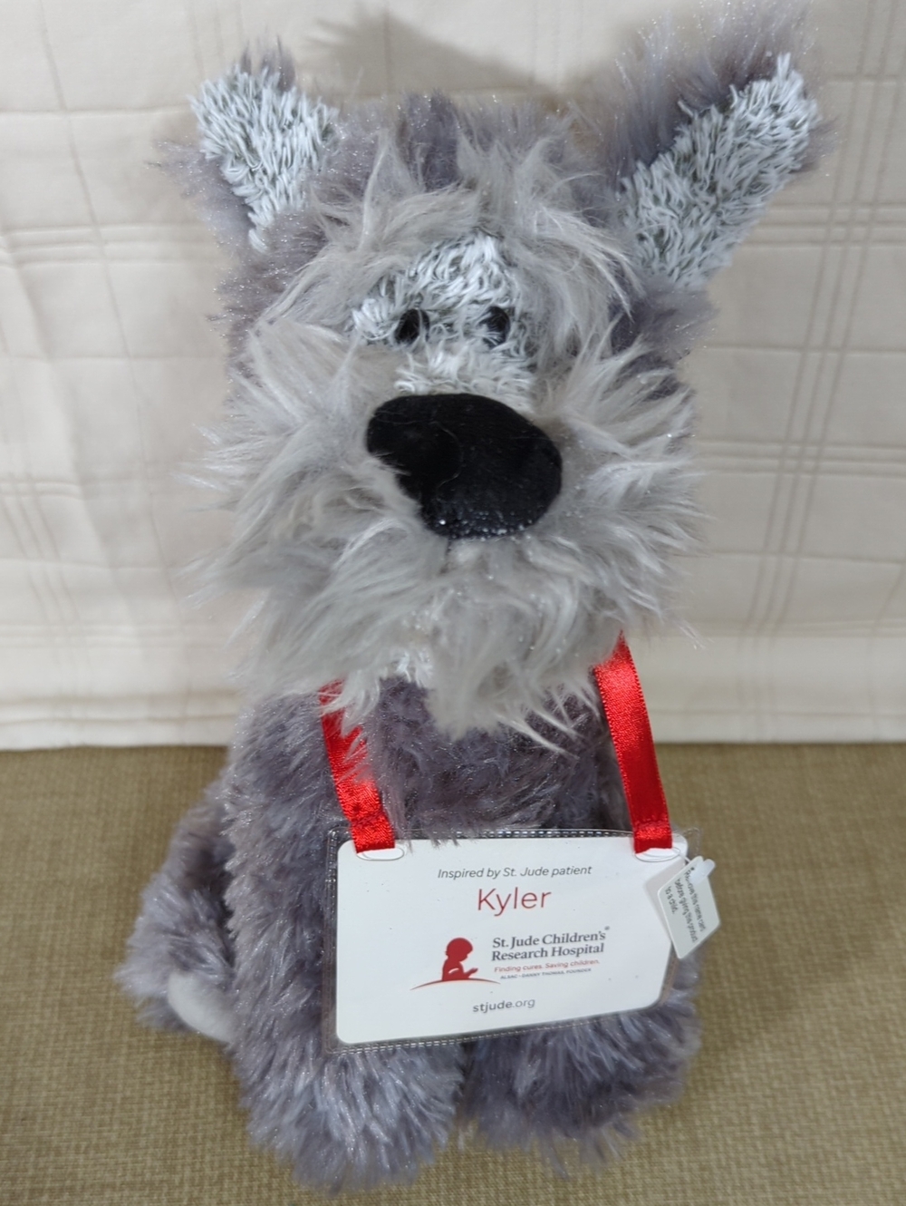 Gund St. Jude Children's Research Plush Gray Stuffed Dog with Red Ribbon - Kyler